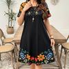 Europe, America, large size plant flower print, fashionable and elegant round neck short-sleeved dress, women's large size thin dress