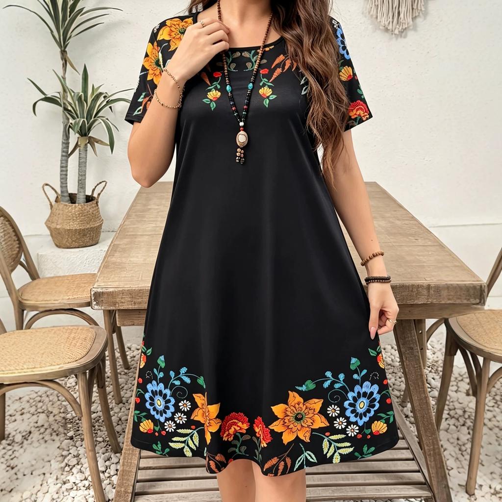 Europe, America, large size plant flower print, fashionable and elegant round neck short-sleeved dress, women's large size thin dress