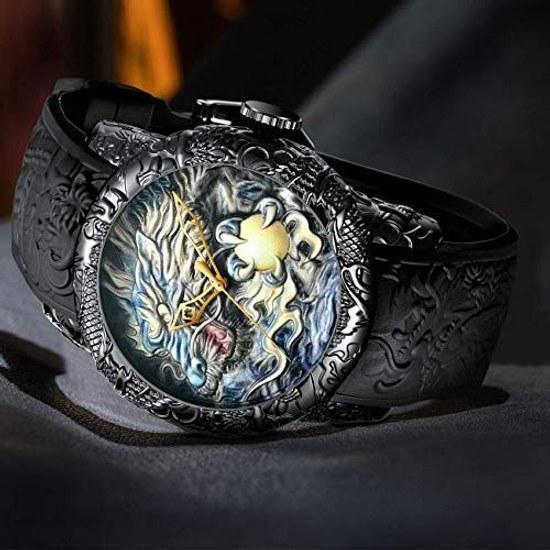 MASTOP mens fashion big dial 3D carved dragon watch quartz luxury exquisite creative fashion/black 50 mm wristwatch.