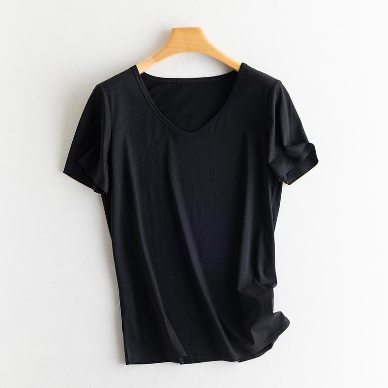 Sommer Kurzarm Damen T-Shirts Echte Seide Leinen Baumwolle T-Shirt Damen Lässige Tees V-Ausschnitt Frau Einfarbige Oberteile