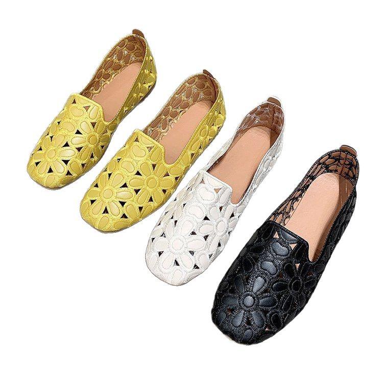 Women's Square Toe Loafers - Soft Leather, Hollowed-Out Flats for Spring/Summer 2025