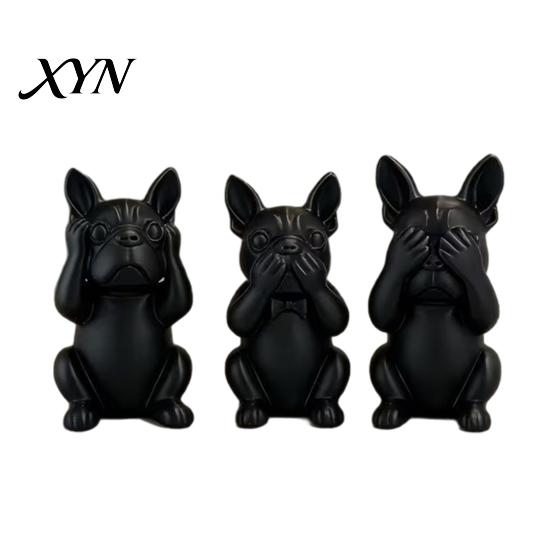 French Bulldog Desk Ornament 3D Printed Statues Set of 3, Matte Black Sculpture, Minimalist Bull Dog One-piece Molded Figure Figurines for Home
