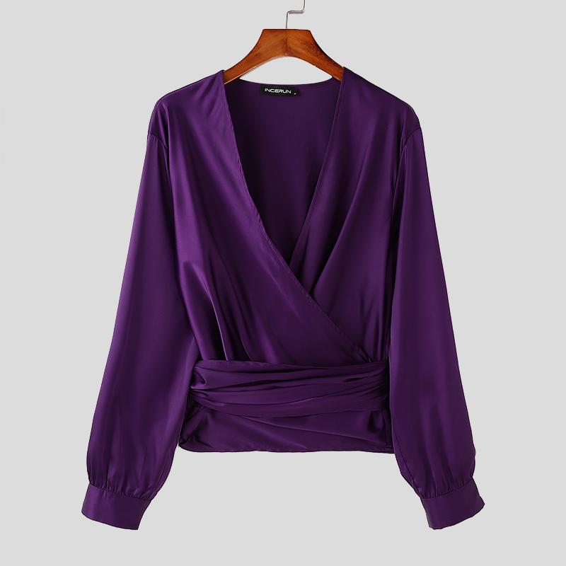 INCERUN Herren Deep V-Ausschnitt Vorne gekreuzt Einfarbig Bandage 70er Jahre Retro Tops Partyhemden