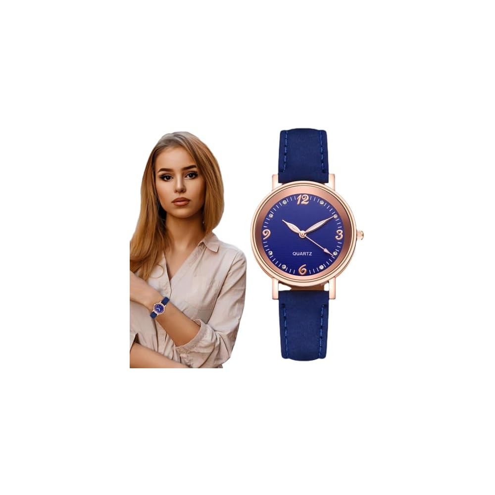 Women's Leather Watch Gold Round Dial Rhinestone Decoration Easy-to-Read Face Leather Strap