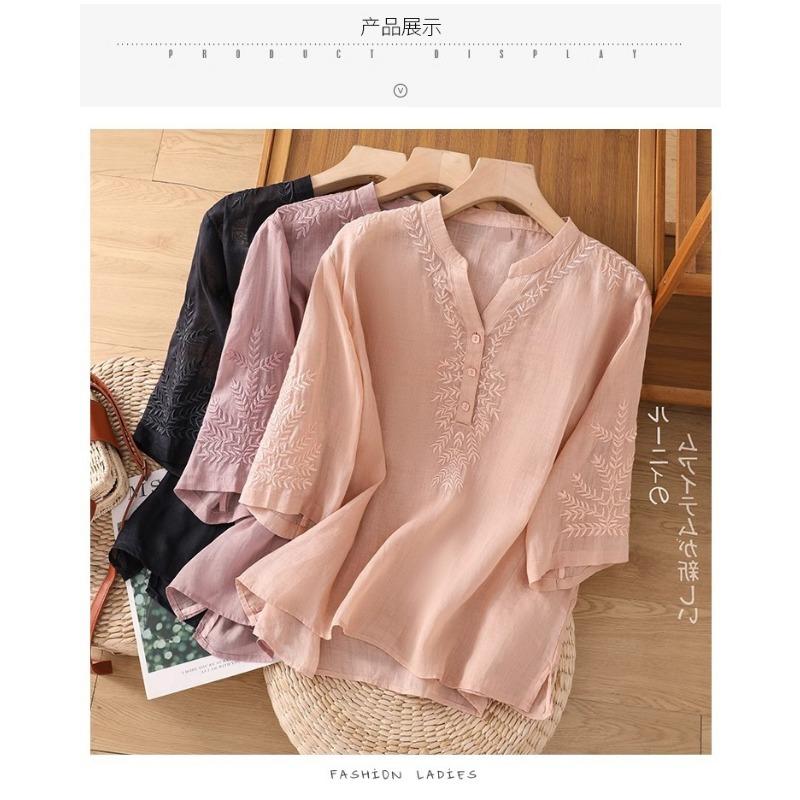 Women S Loose Cotton Embroidered Five Quarter Sleeve Summer Shirt For Middle Aged Moms