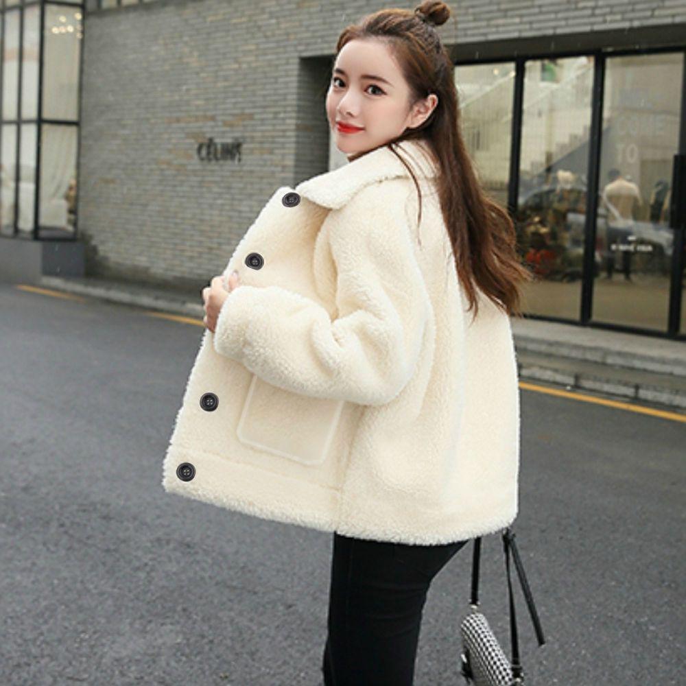 

Women s Short Korean Style Faux Lambswool Coat - Spring/Winter, Long Sleeve, Thickened, Petite Lapel Outerwear S (35-43 kg) грязно-белый
