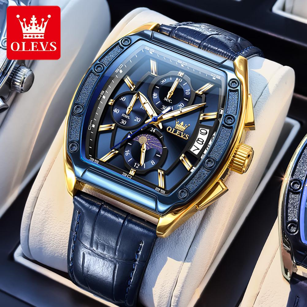 OLEVS Brand Watch Men's Business Quartz Watch Multi Functional Leather Strap 3661