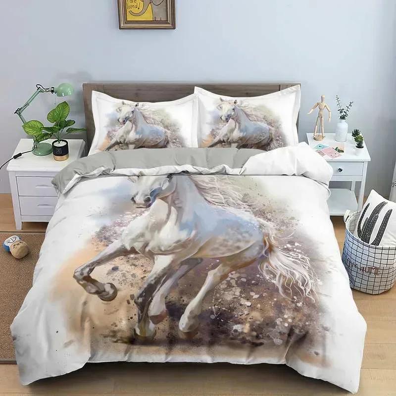 

Комплект пододеяльника с 3D-принтом животных, Комплект постельного белья «Доминирующий скачущий конь», Мягкие 2/3 предмета, Полиэстеровые пододеяльники с наволочкой EU Twin(135x200cm)
