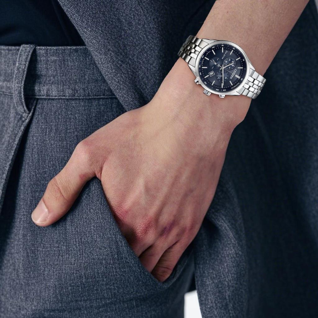 CITIZEN 100m Waterproof Light Powered Quartz Movement Metal Strap Watch Men's Watches Blue Dial AT2570-56L