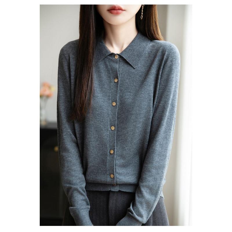 

Французский трикотажный кардиган с воротником поло, женская рубашка с длинным рукавом и лацканами, универсальный базовый топ S серый