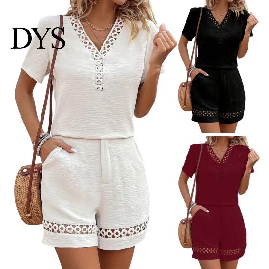 Women Summer Suit Top Shorts Two Piece Set V-Neck T-shirts Breathable Lounge Wear Solid Color Casual Short Sleeves Shirts Pants