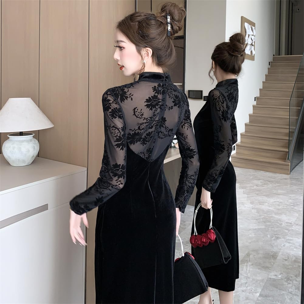 YONGO Long Cheongsam Chinese Black Elegant and Perfect for Weddings and Receptions Women's Dress, Style, Velvet, Stand-Up Collar, Stylish, (Size 6,