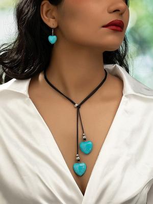 Conjunto de Joias Colar de Coração Turquesa Boêmio e Brincos 3 peças/Conjunto Colar Longo Ajustável
