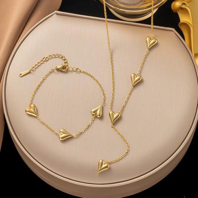 Vergoldetes Edelstahl Süßer Pfirsich Herz Quaste Halskette Armband Für Damen Mädchen Set Party Geschenk