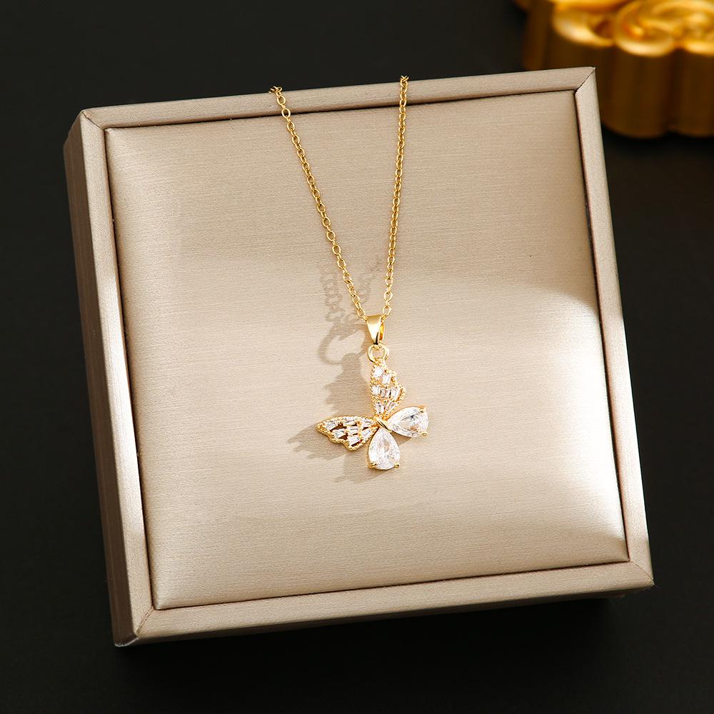 Korean Butterfly Tassel Luxury Diamond Titanium Steel Necklace - Women's Versatile Clavicle Jewelry