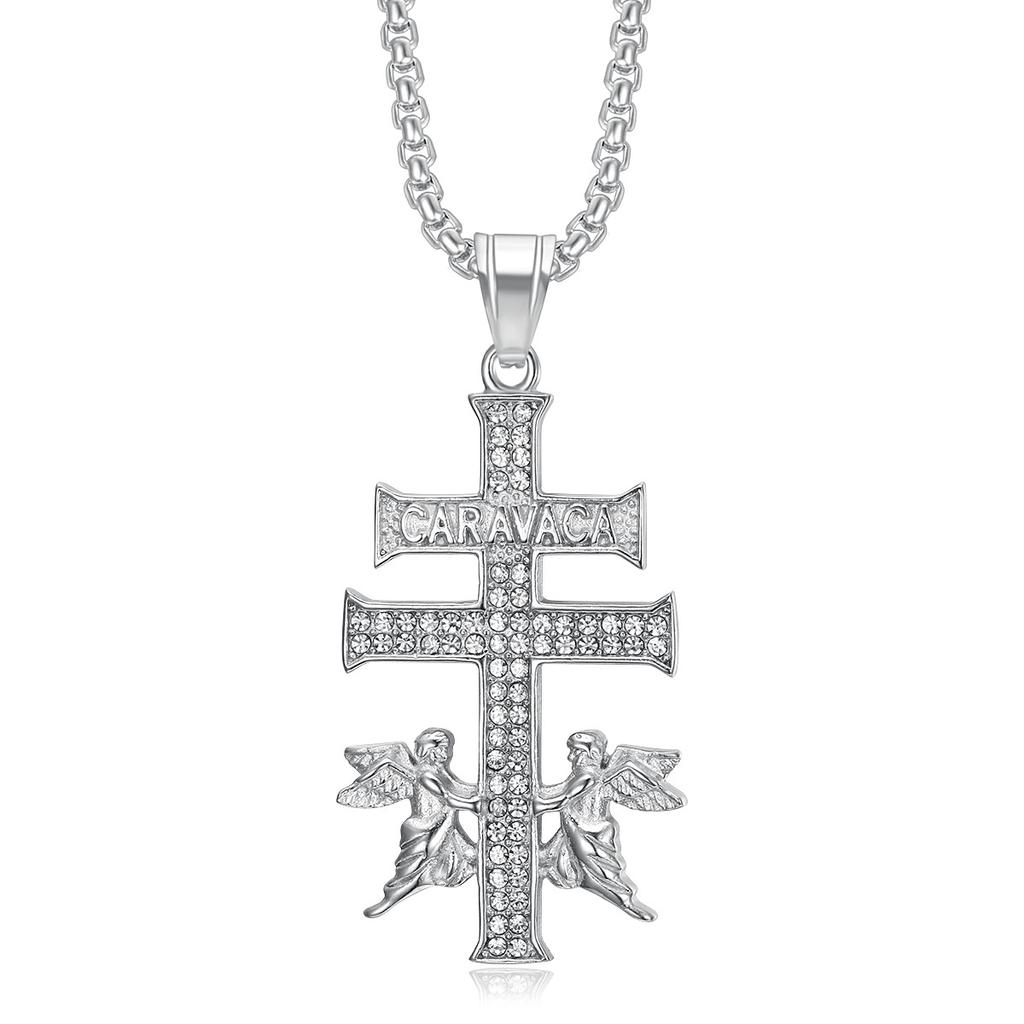 Hot Selling Hip Hop Jewelry Titanium Steel Gold Plated Diamond Angel Cross Pendant Necklace