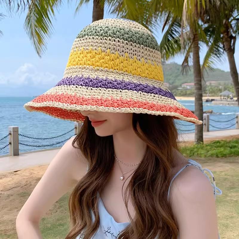 Hyunya Wind Rainbow Straw Bucket Hat Women's Summer Breathable Sunshade Sunscreen Bucket Hat Straw Hat Big Brim