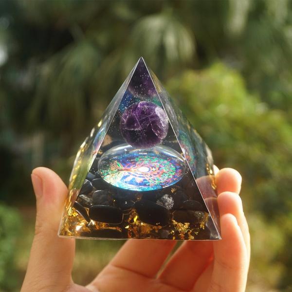 Handmade Magic Orgonite Pyramid 60mm Amethyst Crystal Sphere with Obsidian Natural Cristal Stone Orgone Energy Healing Reiki Chakra Multiplier