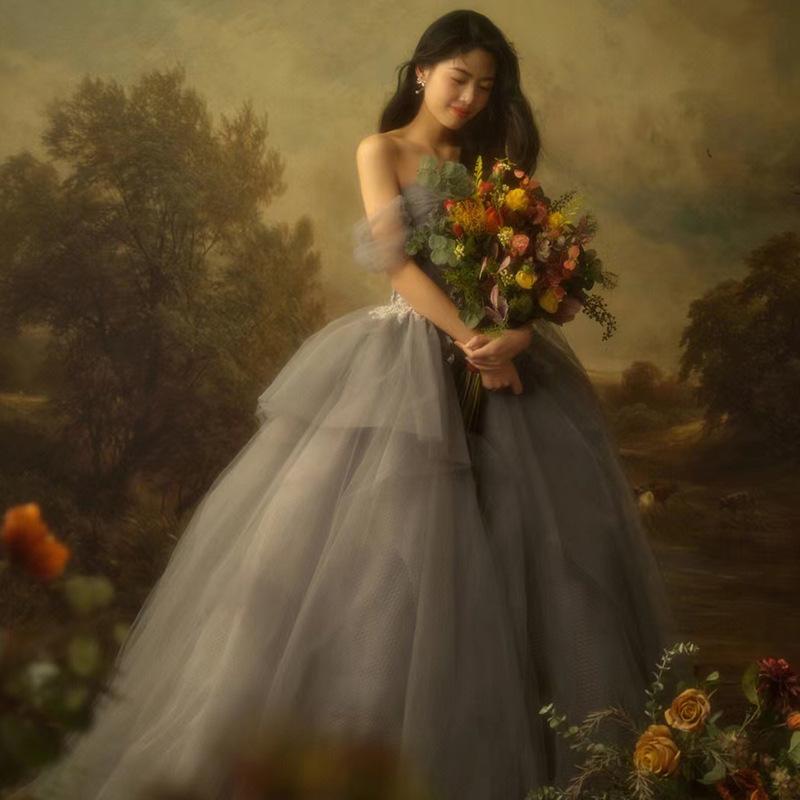 

Одежда Пара Фото Платье Французский Ретро Масляная Живопись Ветер Плечо Сетка Свадебное Платье S