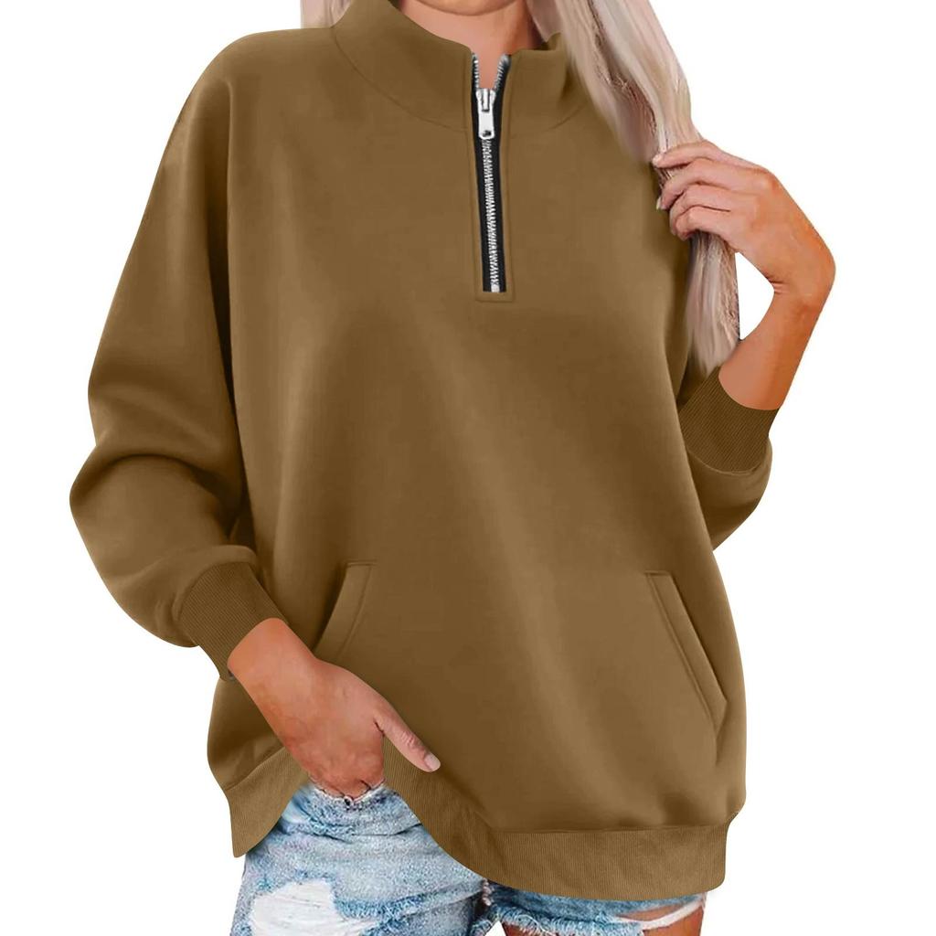 Women's Fashion Long Sleeve Loose Oversize Solid Color Half Zipper Neck Sweater Top With Pockets