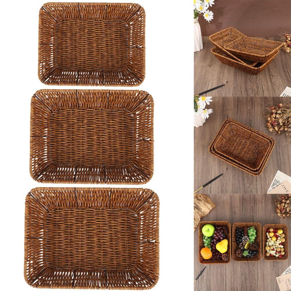 Plastic Rattan Food Plate Rectangle Fruit Tray New Bread Basket  Breakfast Cake Snack