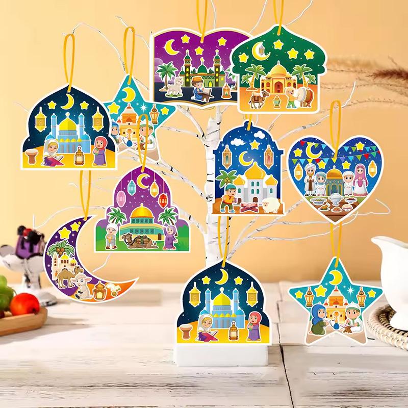 48pcs Eid Mubarak Craft Ornament Kits Ramadan Gift Label DIY Stickers Islamic Muslim Party Home Hanging Ornaments Decoration