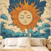 Large Boho Sun Ocean Wave Tapestry Wall Hanging Mural Aesthetic Coastal Japanese Art Decor for Living Room Bedroom Canvas Print