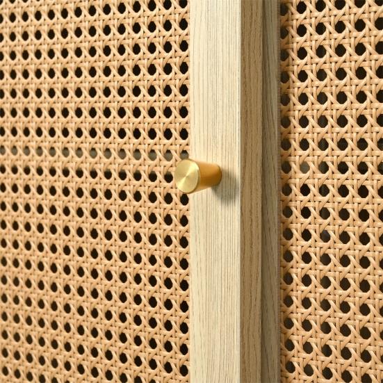 Mobile Organizzatore ad Ampio Spazio, Credenza, Cassettiera con 3 e Ante Scorrevoli, Intreccio in Rattan sulle Ante, Gambe in Legno Massello,