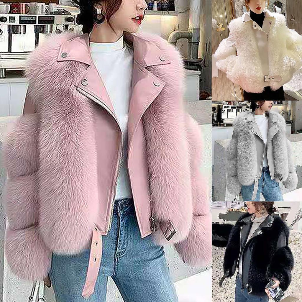 Womens Ladies Warm Solid Color Plush Long Sleeve Motorcycle  Winter Short Coat