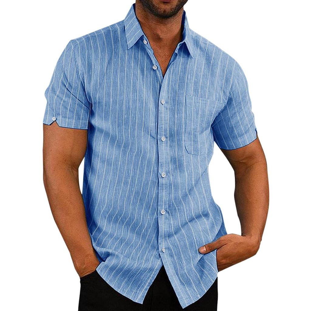 Summer Slit Short Sleeve Striped Shirt Men Plus Size Casual Clothing Mens Lapel Button Up Pocket Loose Shirts