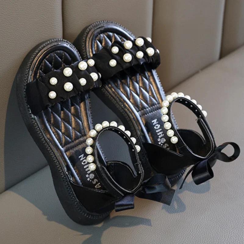 Barnesandaler Sommer Sløyfe Prinsessesko for Jenter Mote Søte Barn Fritid Perle Romerske Sandaler Ensfarget Krok og Løkke