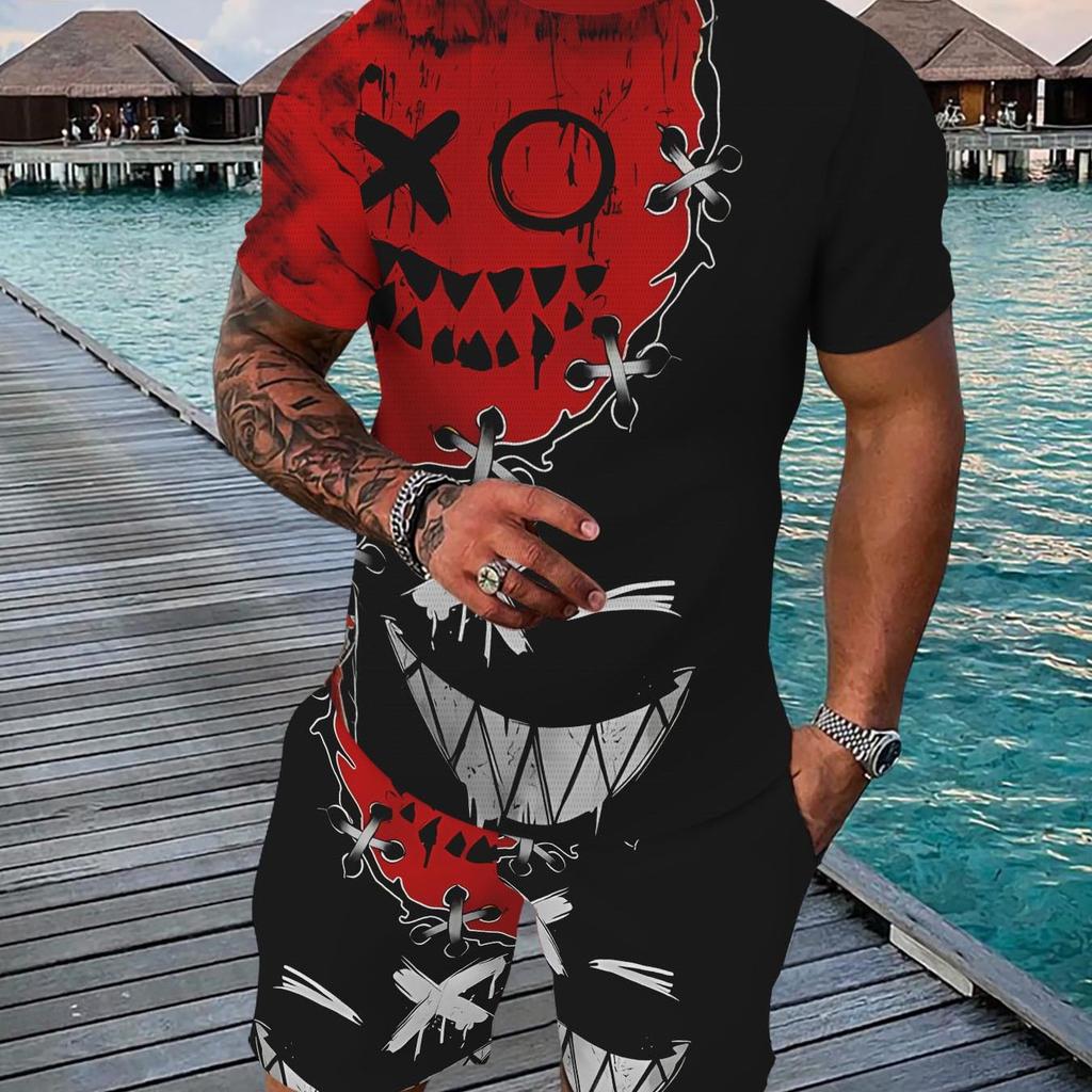 Summer Hot-selling Men's Smiley Face Printed T-shirt Shorts Set Breathable Comfortable Quick-drying Casual Men's Suit