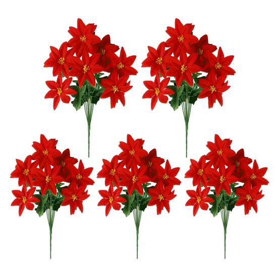13 Inch Artificial Poinsettia Flower 5/7 Heads Red Fake Poinsettia Faux Silk Poinsettia Bouquet with Stem for New Year Floral Arrangement Home Decor