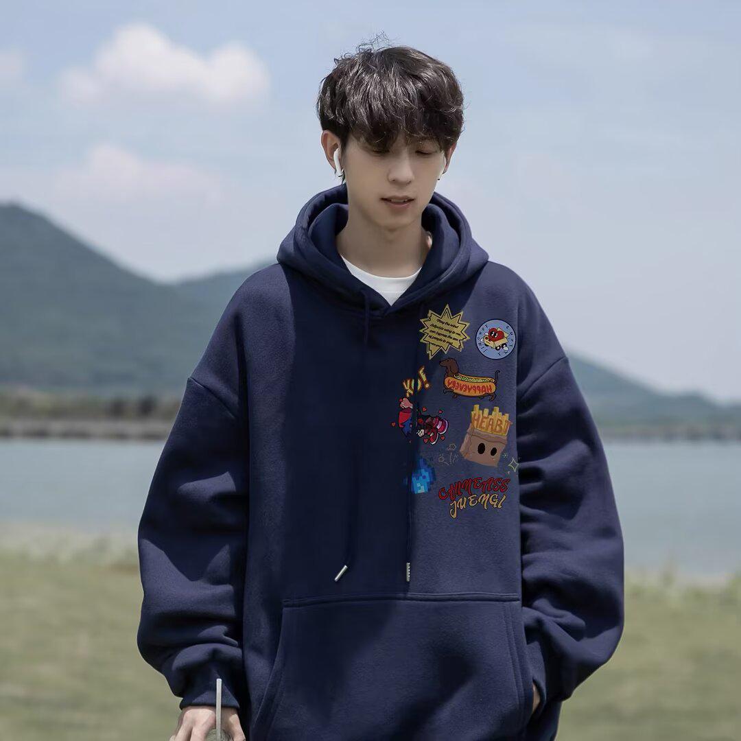 American High-Street Hooded Fleece-Lined Youth Sweatshirt, Unisex Autumn/Winter, Loose Fit, National Trend Style M