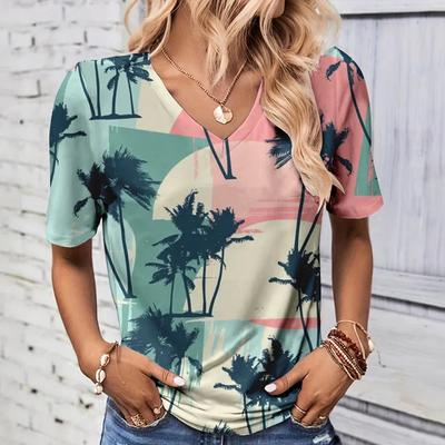 2025 New Summer Women's Coconut Tree Print T-shirt V-neck Short Sleeve Street Casual Daily Basic Tops Women's Summer Pullover