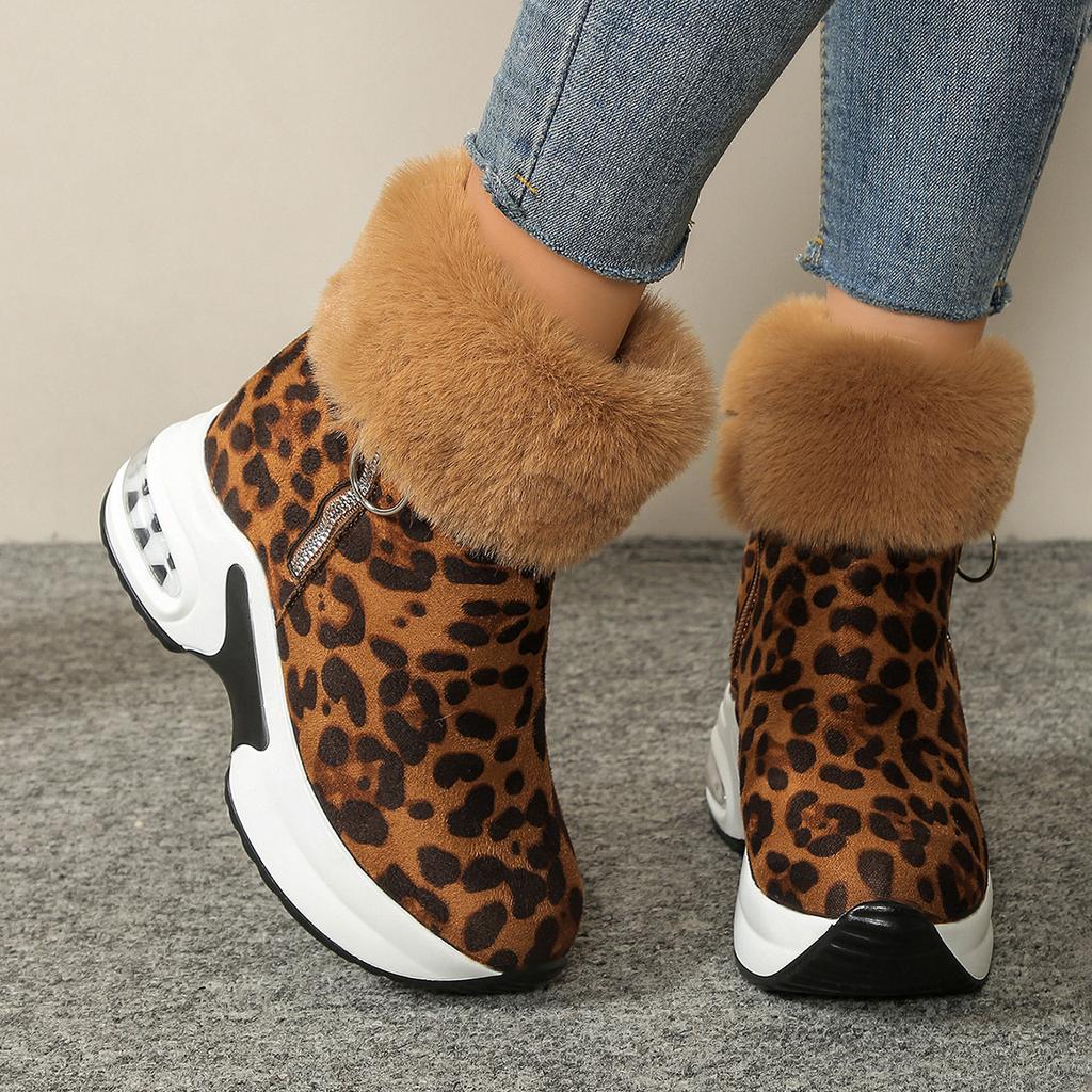 Winter Damen Warme Sneaker Plateau Schneestiefel Damen Leopard Knöchelhohe Stiefel Weibliche Plüsch Freizeit Schuhe Seitenreißverschluss Kurze Stiefel