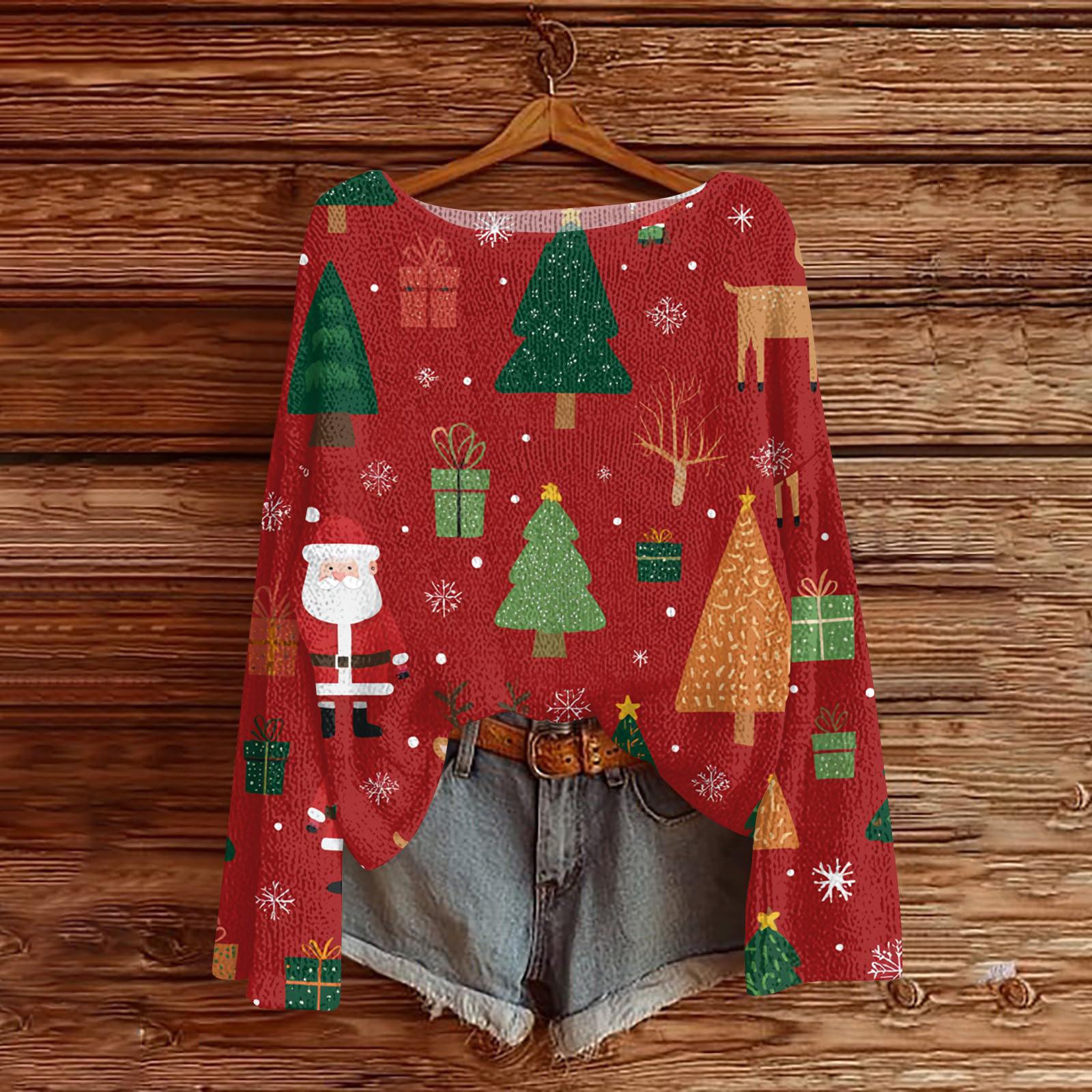 

Женский легкий свитер с круглым вырезом, повседневный вязаный пуловер с длинным рукавом и рождественским принтом S киноварь