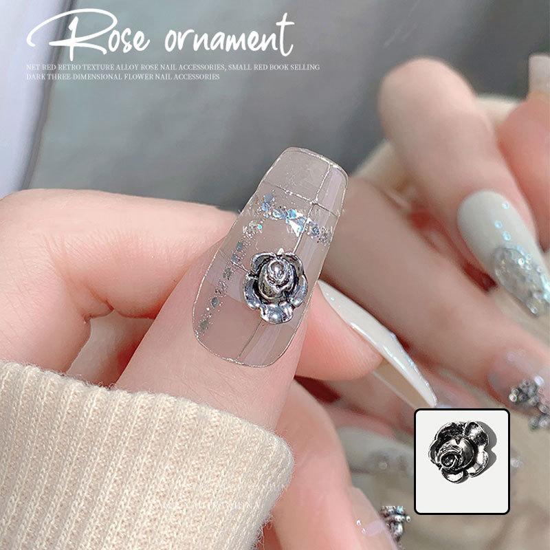10Pcs 3D Rose Nail Art Ornament Alloy Nail Art Charms Diy Craft For Nail Decoration Silver Retro Flower Nail Charm Jewelry Salon