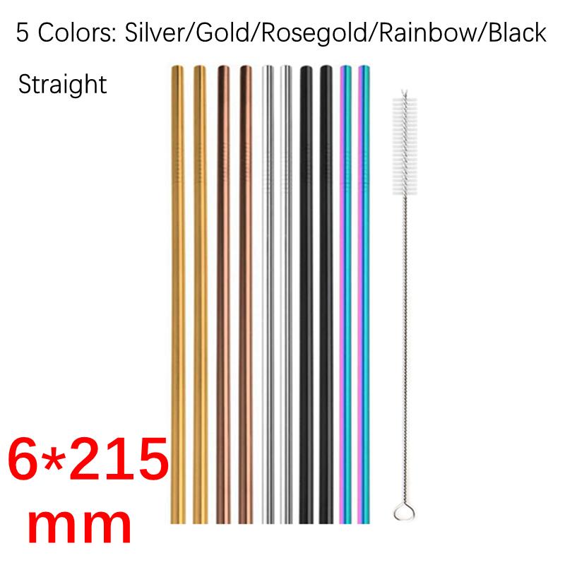 12x215mm Reusable 304 Stainless Steel Drinking Straws Set Eco-Friendly Metal Straw for Smoothie Boba Bubble Tea Milkshakes