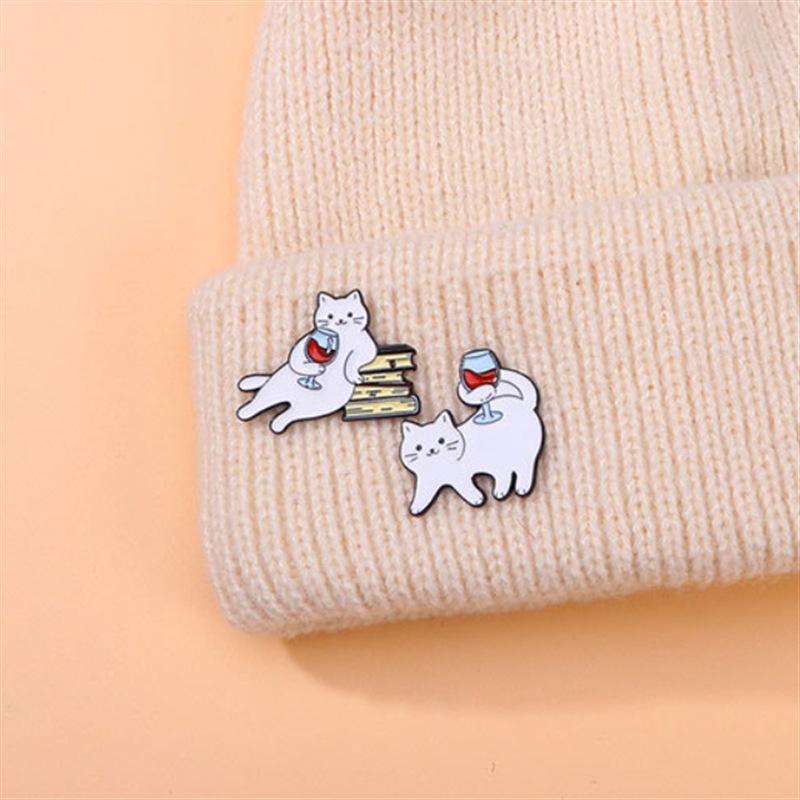 Adorable Kitten Red Wine Bottle & Glass Brooch - Enamel Pin Badge