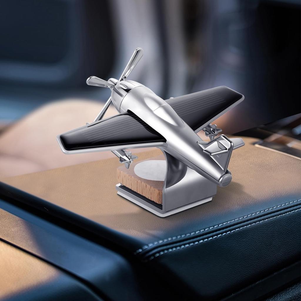 Solar Flugzeug Auto Diffusor, Holzbasis Duft Diffusor, Legierung Solar Energie Rotierende Flugzeug Ornamente für Auto Büro Wohnkultur