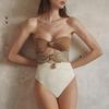 Women Sexy Monokini Decor Patchwork Swimsuit Hollow Out One-piece Sling Sleeveless Metal Button Color High