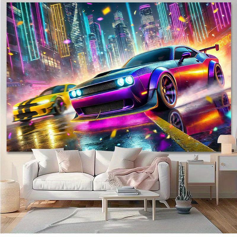 Street Racing Neon-lit Urban Landscape Digital Printing Polyester Wall Tapestry Suitable for Use Living Rooms Bedrooms Offices