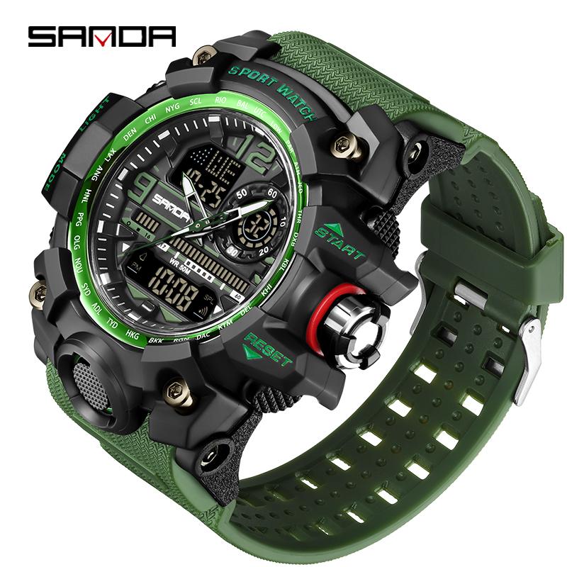SANDA 3133 Men Quartz Watch Dual Display Multifunction Wristwatches Luminous Sport Waterproof Military Wristwatch for Male