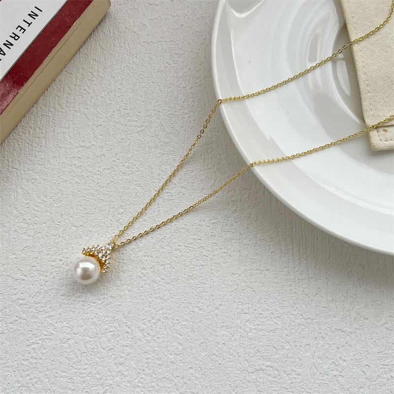 1 шт. Медный кулон Имитация жемчуга Блестящий стразы Корона Ожерелье Цепочка на ключицу Подарок Женские Девичьи Элегантные Аксессуары