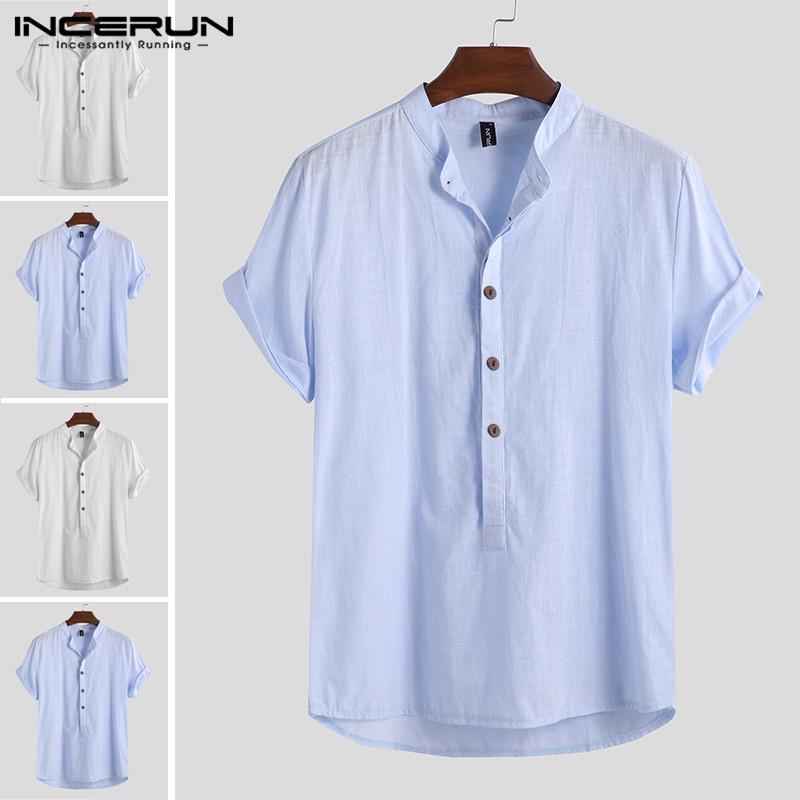 Top for Men Summer Tee Fashion Stand Collar Strip Print Short Sleeve Shirt Top Blouse Baggy Button T-Shirt M-3XL