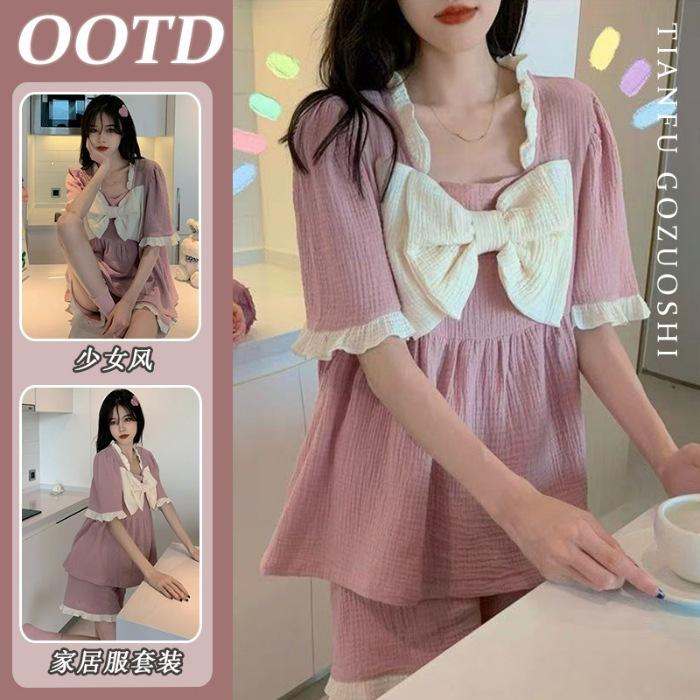 

[High-quality imitation cotton] Korean cute square neck bow pajamas women s summer sweet short-sleeved shorts loungewear M
