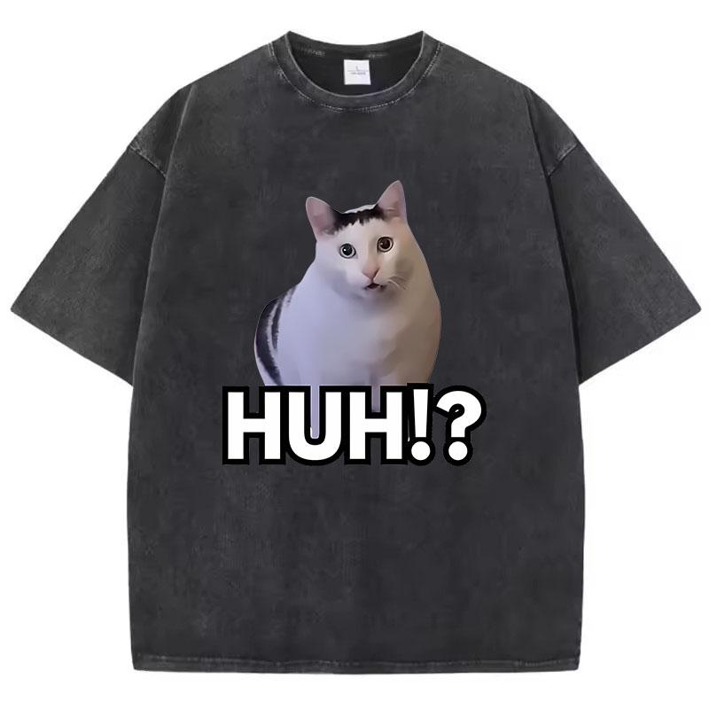 Manga T-Shirt Vintage Gewaschenes Baumwoll-T-Shirt Katze Sagt Huh Anime Grafik-T-Shirt Lässige Streetwear Frühling Sommer T-Shirt