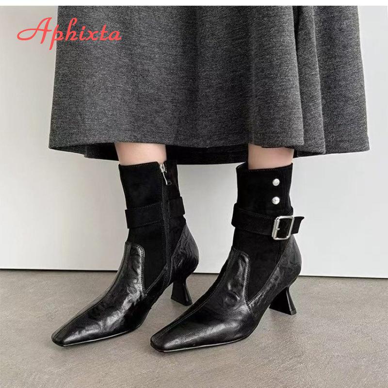 Fashion Aphixta High Heels Women Ankle Boots Elegant Metal Decoration Woman Modern Boot Side Zipper Sexy Soft Leather Women's High Boots