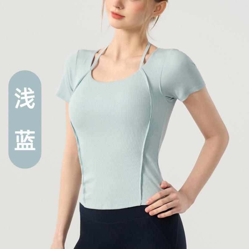 Lace Up Neck Yoga Short Sleeve Women s Crew Neck T-Shirt with Chest Pad Slim Skinny Pilates Sports Fitness Top Women S светло-синий